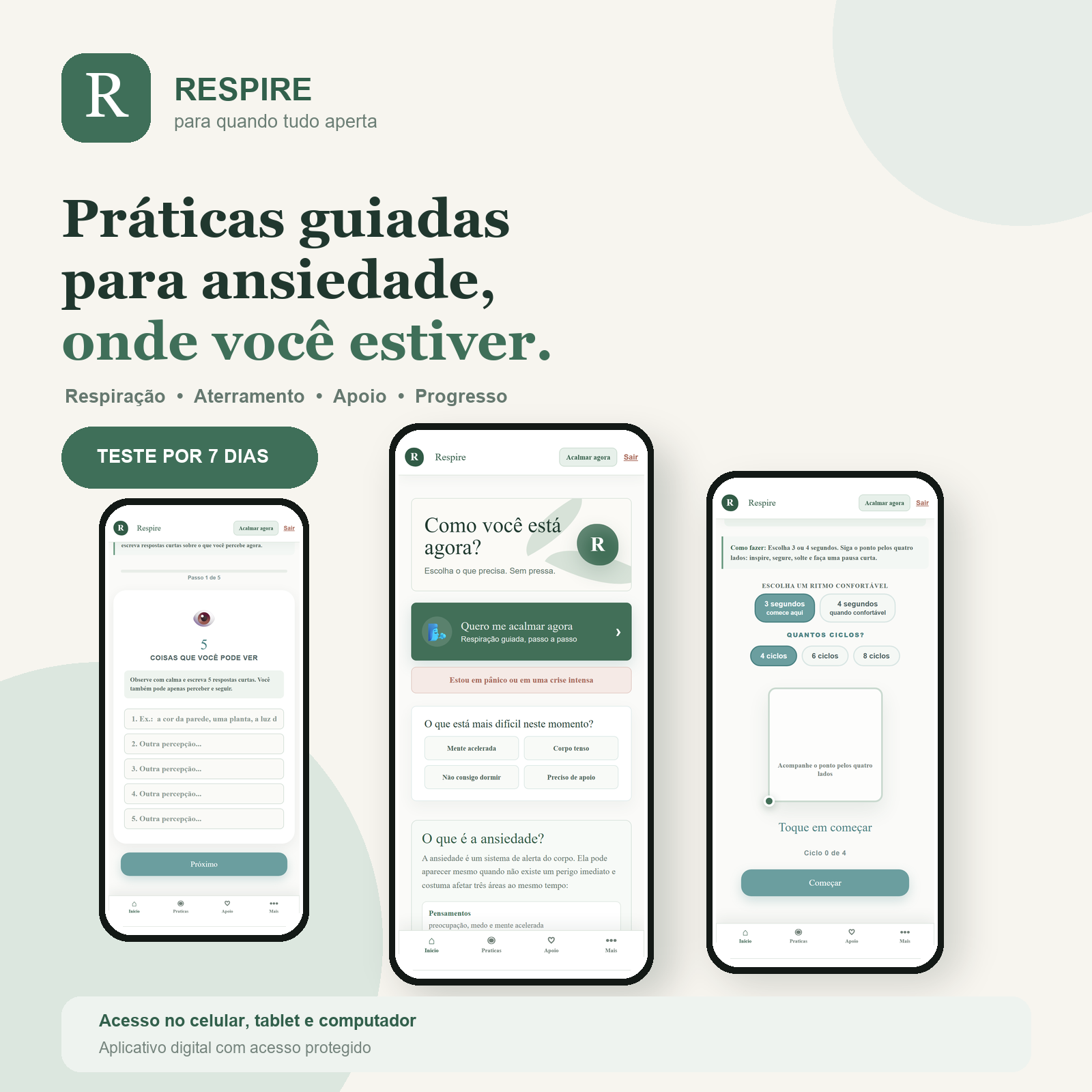 Aplicativo Respire com exercícios guiados de respiração, aterramento e apoio para ansiedade.