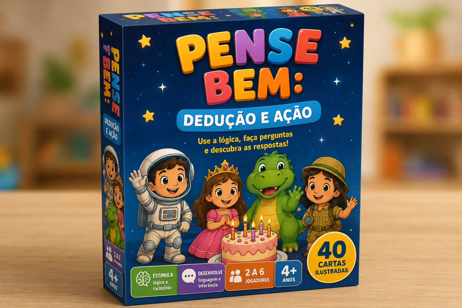 Pense Bem: Dedução e Ação 2 Caixa do jogo Pense Bem: Dedução e Ação com ilustrações coloridas de crianças, astronauta, princesa, dinossauro e 40 cartas